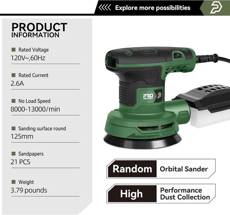Prostormer 5-Inch Random Orbital Sander with 21PCS Sandpapers, 8000-13000RPM, 2.6AMP Palm Sander with 6 Variable Speeds, Dust Collection For Polishing, Sanding - Image 2